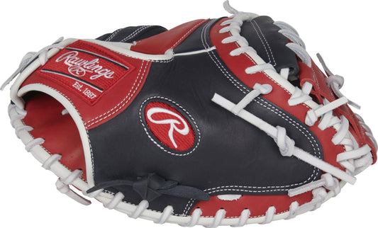 , Breakout 32.5-Inch Catchers Mitt, Standard, Navy/Scarlet/White, 1-Piece Solid Web, Conventional Back, Right Handed